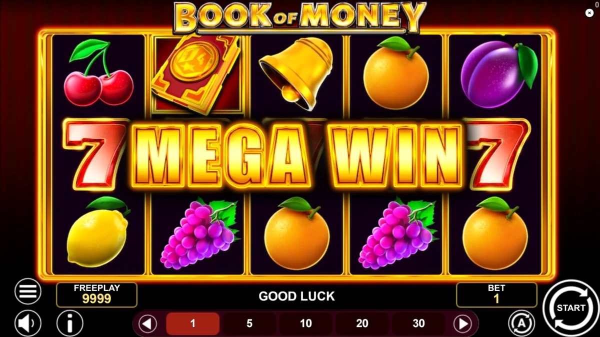Tampilan visual slot Book of Money dengan simbol buah dan buku emas