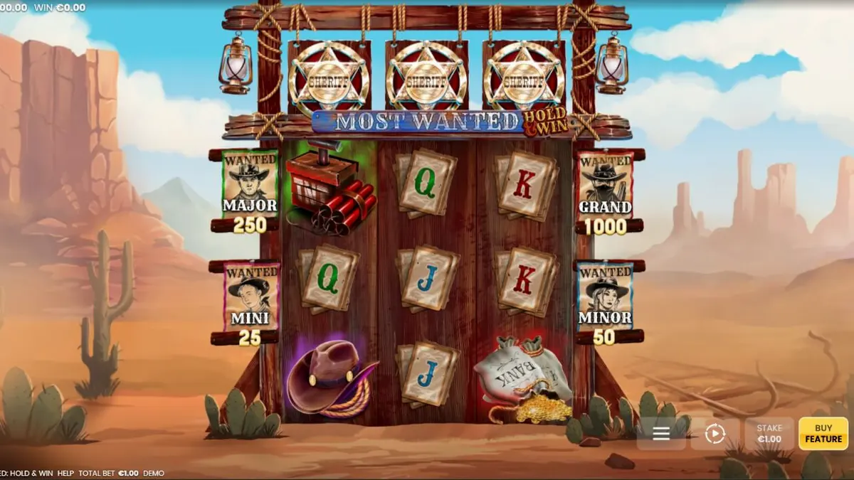 Tampilan antarmuka seluler Most Wanted: Hold & Win dengan latar belakang Wild West